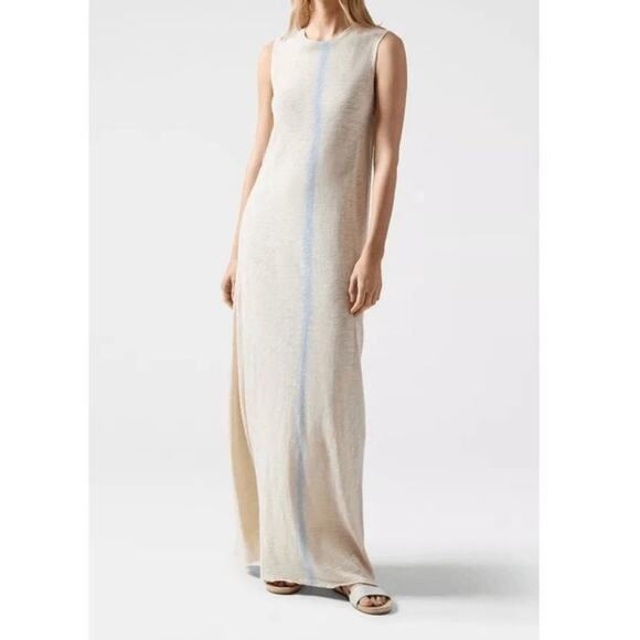 ATM Printed Slub Cotton Jersey Maxi Dress Cream Stripe Size Large - Picture 1 of 8